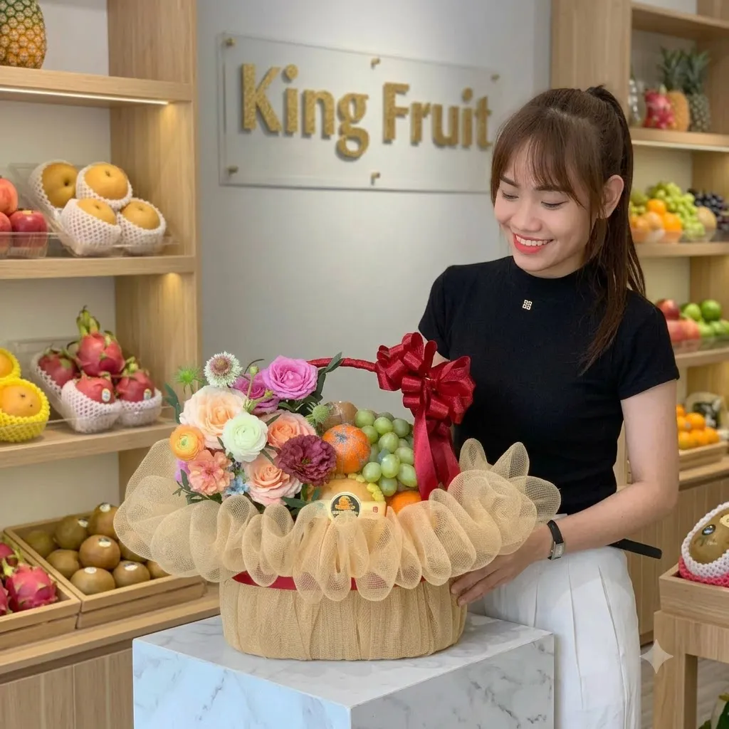 Nhân viên King Fruit bê giỏ hoa quả hoa hồng, nho, cam trước biển hiệu cửa hàng — King Fruit huyện Bình Xuyên, Vĩnh Phúc