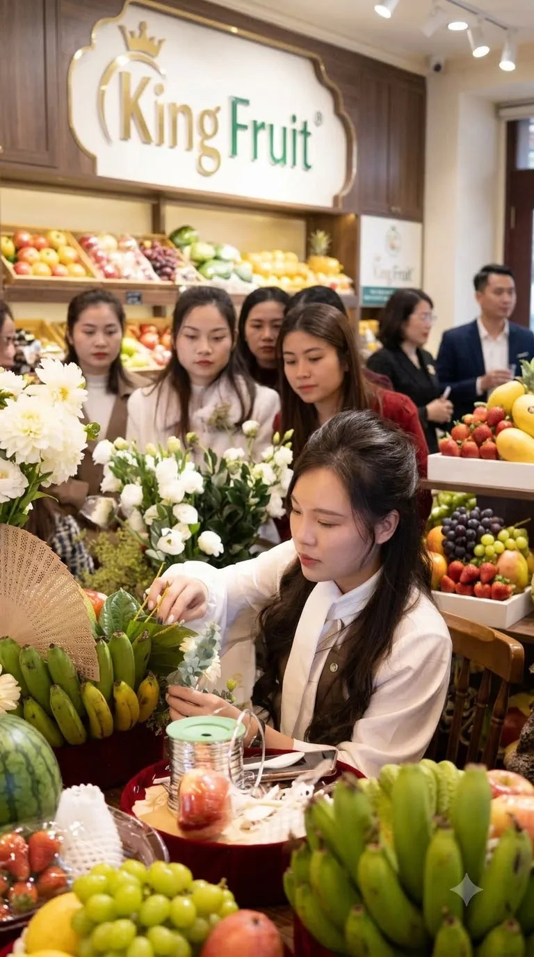 Nhóm khách hàng áo dài xem nhân viên cắm hoa bên kệ trái cây tại cửa hàng King Fruit — King Fruit huyện Bá Thước, Thanh Hoá