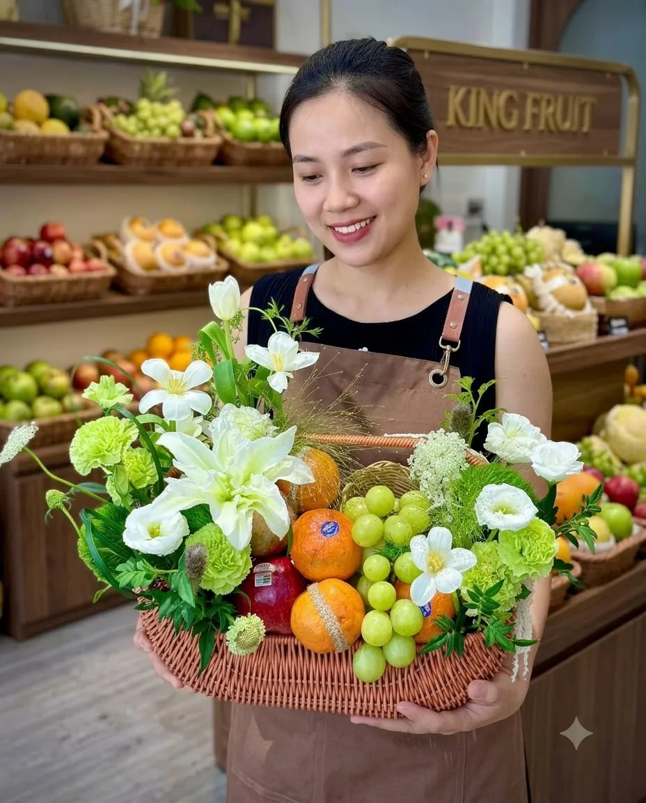 Nhân viên mặc tạp dề ôm giỏ hoa quả hoa lily trắng, cam, nho trước kệ King Fruit — King Fruit quận 10 HCM