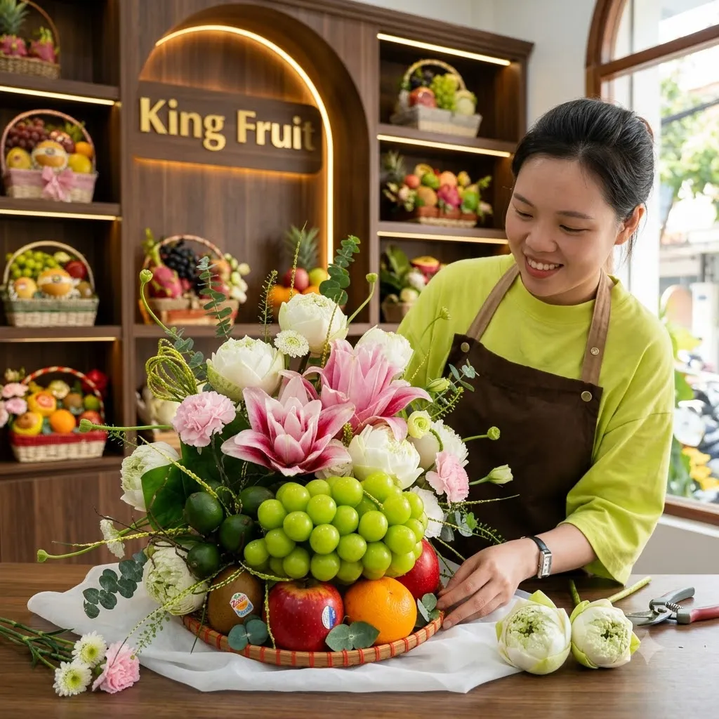 Nhân viên cắm giỏ hoa quả hoa hồng, nho xanh trên bàn gỗ trước kệ King Fruit — King Fruit Tân Phú Đông, Tiền Giang