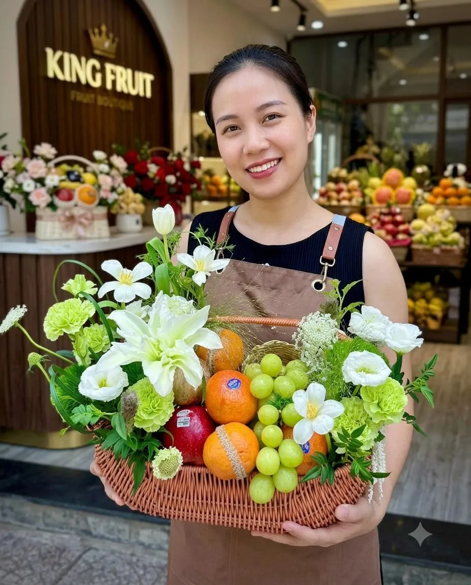 Nhân viên bê giỏ hoa quả hoa trắng hồng, cam, nho trước cửa hàng King Fruit — King Fruit huyện Tuyên Hóa, Quảng Bình