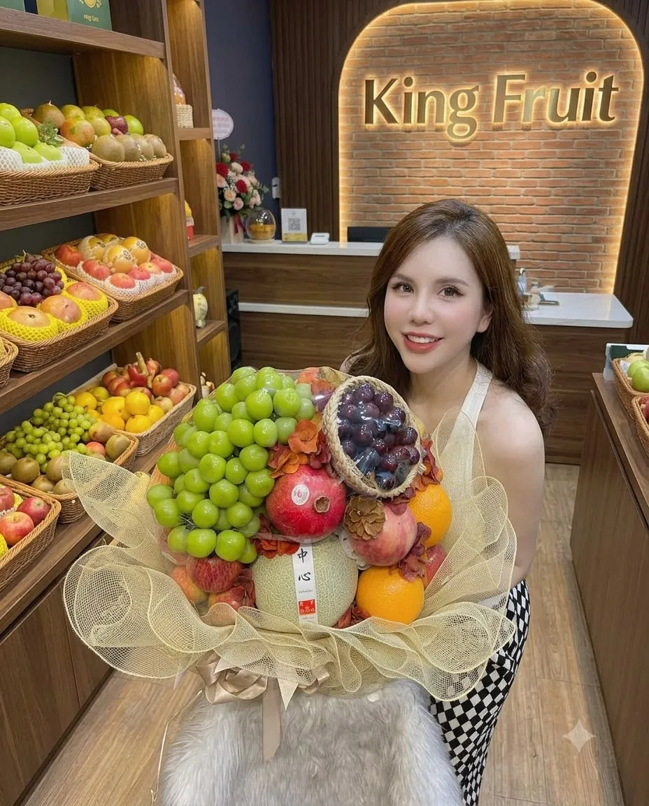 Khách hàng ôm bó hoa quả bọc lưới vàng gồm nho xanh, lựu, cam trước kệ King Fruit — King Fruit Quảng Ngãi