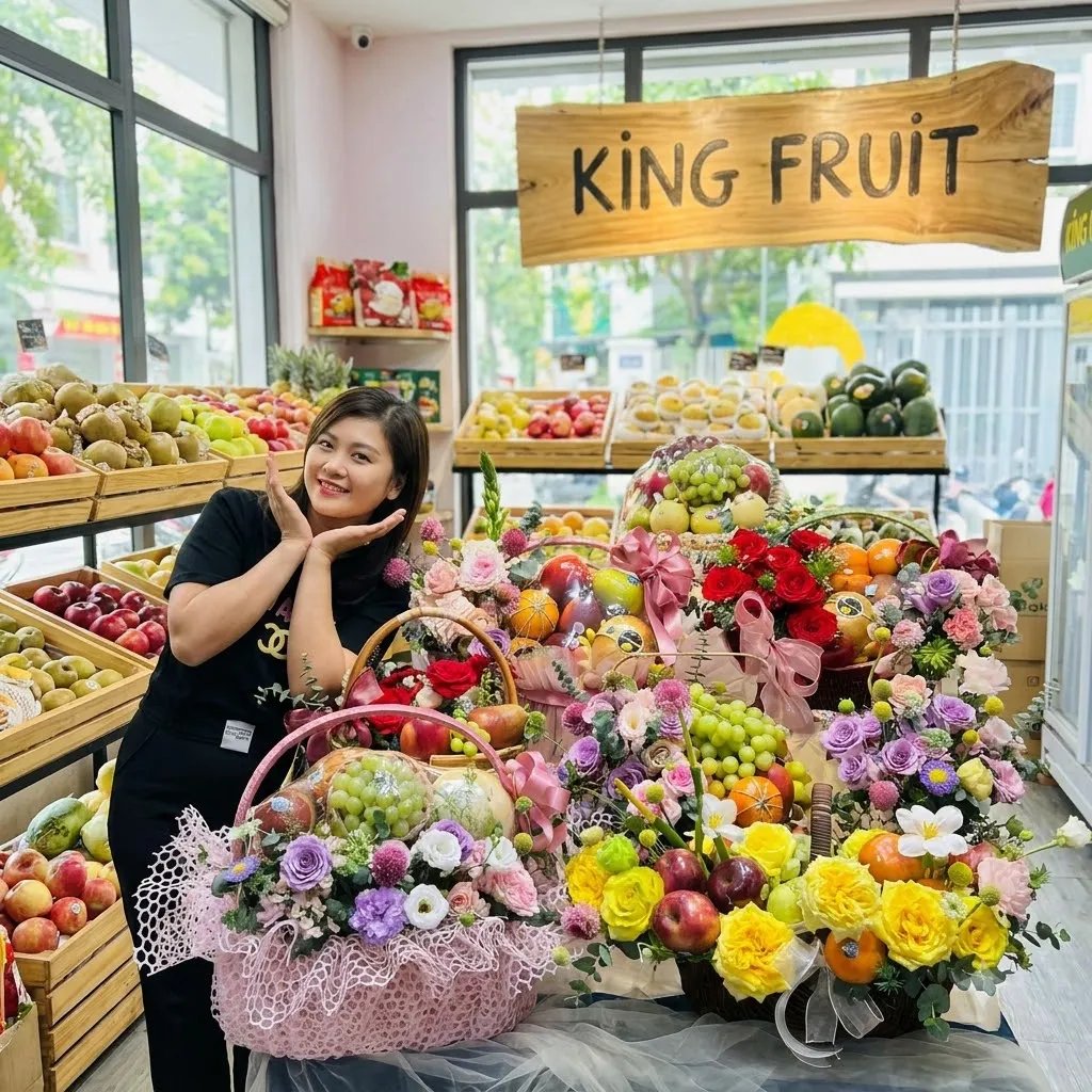 Nhân viên tạo dáng cạnh nhiều giỏ hoa quả nhiều màu dưới biển gỗ King Fruit — King Fruit huyện Châu Thành, Tây Ninh