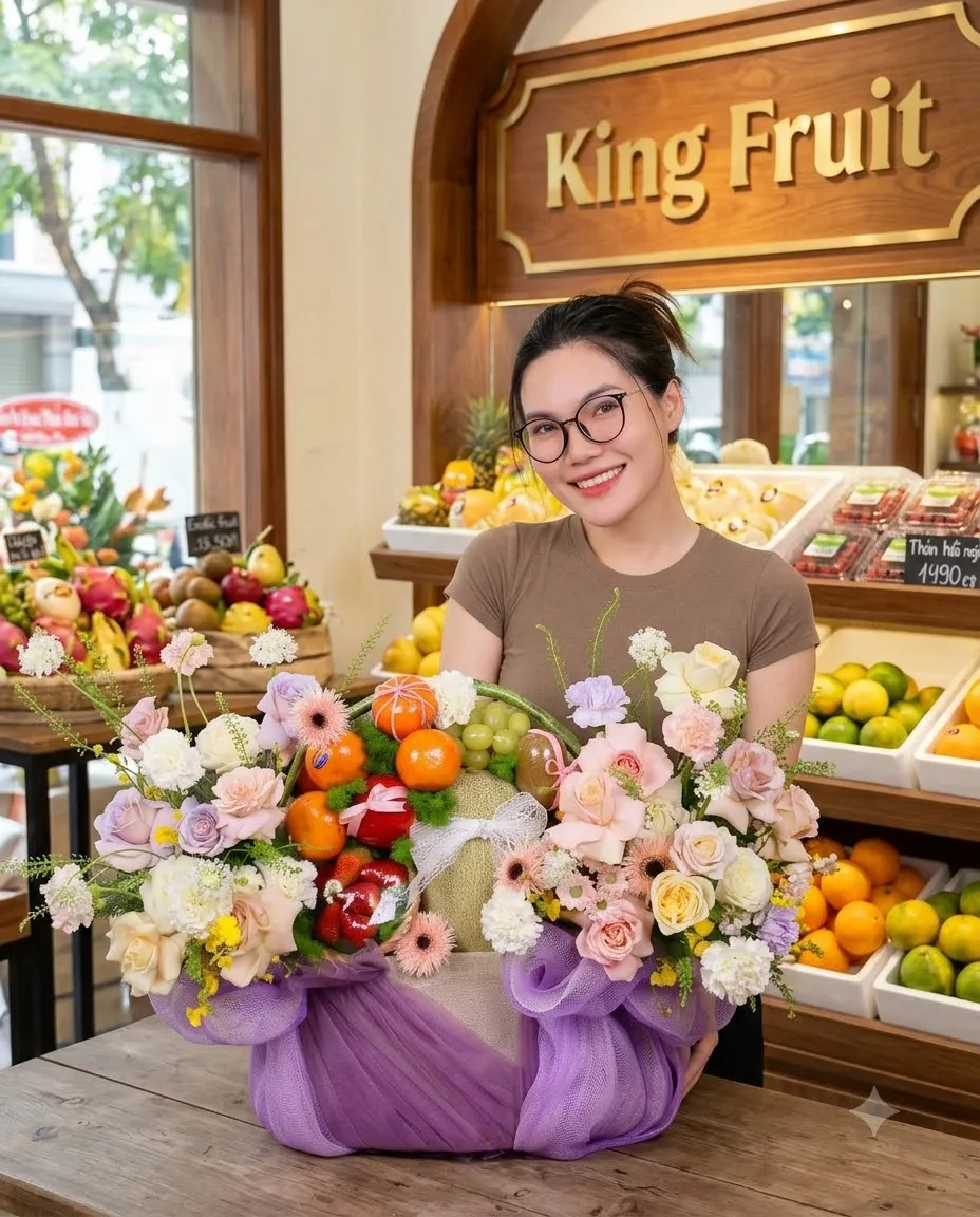 Nhân viên đeo kính bê hai giỏ hoa quả hoa tím trước kệ trái cây King Fruit — King Fruit huyện Tân Kỳ, Nghệ An