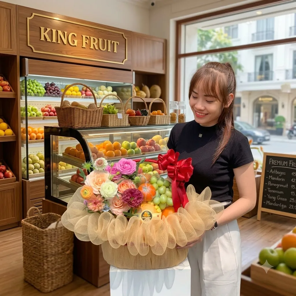 Nhân viên bê giỏ hoa quả bọc lưới hồng có hoa cúc trước kệ trái cây King Fruit — King Fruit Chư Prông, Gia Lai