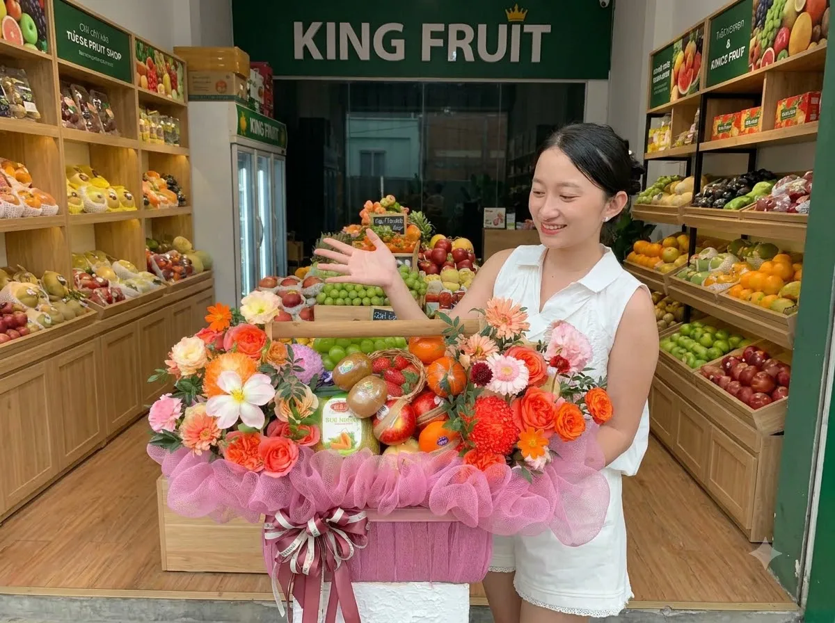 Nhân viên bê giỏ hoa quả bọc lưới hồng có hoa hồng cam trước kệ King Fruit — King Fruit huyện Hòn Đất, Kiên Giang