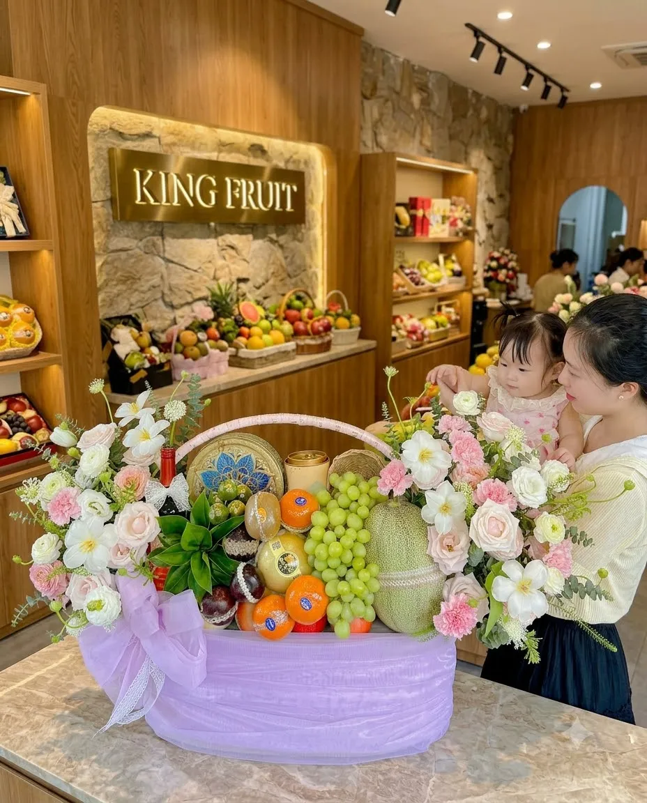 Người mẹ bế bé gái cạnh giỏ hoa quả bọc vải tím có nho xanh, dưa lưới tại King Fruit — King Fruit huyện Hàm Thuận Bắc, Bình Thuận