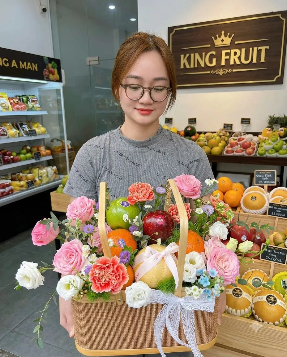 Nhân viên đeo kính bê giỏ hoa quả tre có hoa hồng, cẩm chướng trước biển King Fruit — King Fruit huyện Anh Sơn, Nghệ An