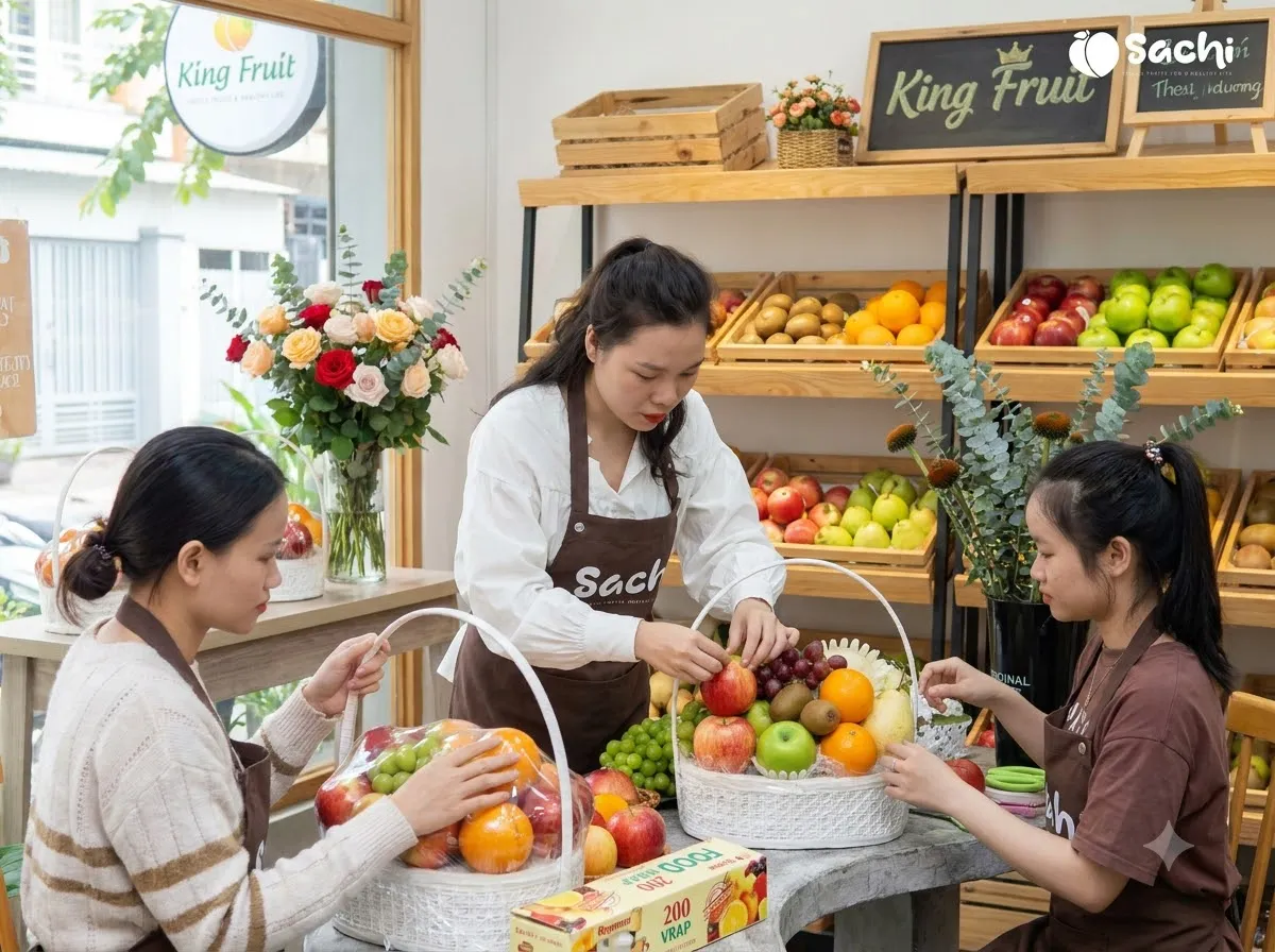 Ba nhân viên cùng xếp trái cây vào giỏ trên bàn trong cửa hàng King Fruit — King Fruit huyện Chợ Mới, Bắc Kạn
