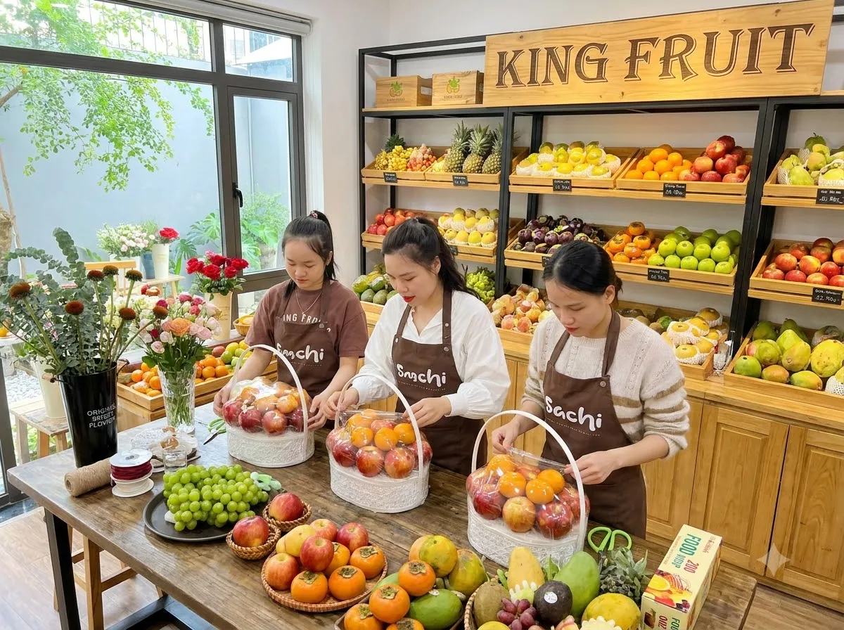 Ba nhân viên xếp lựu và trái cây vào giỏ trắng trên bàn gỗ dưới biển King Fruit — King Fruit Đồng Hới - Quảng Bình