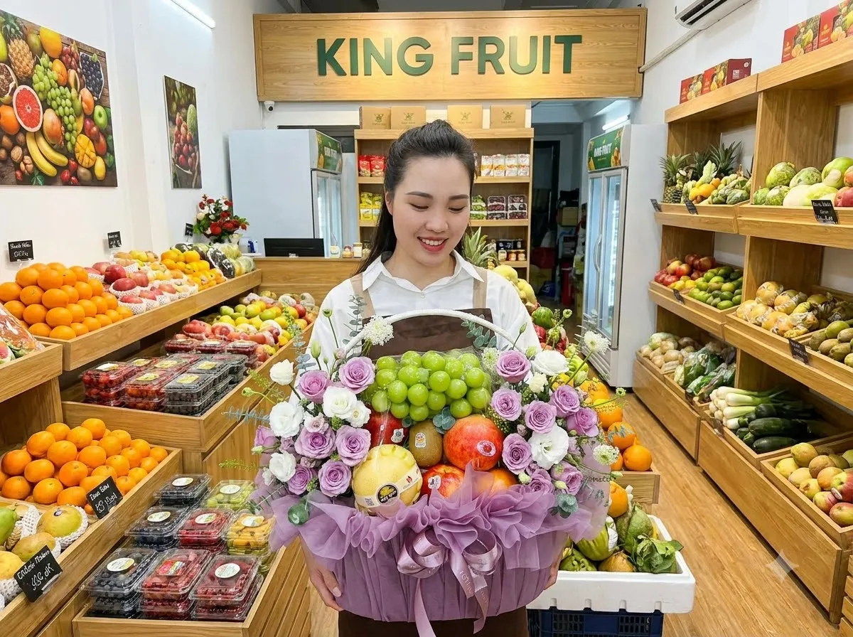 Nhân viên bê giỏ hoa quả hoa tím có nho xanh, lựu giữa kệ trái cây King Fruit — King Fruit Trần Văn Thời, Cà Mau