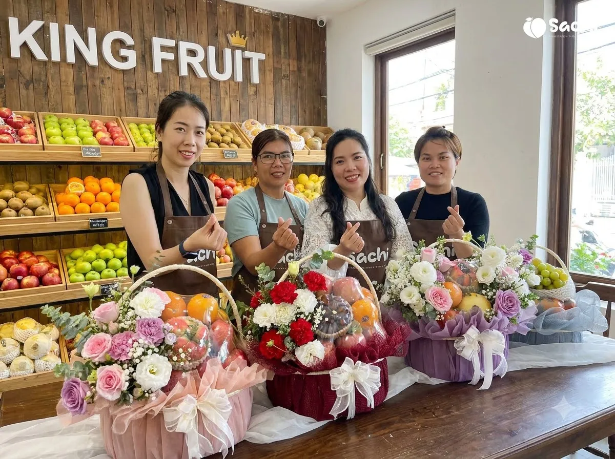 Bốn nhân viên tạo dáng cùng ba giỏ hoa quả nhiều màu trên bàn dưới biển King Fruit — King Fruit Đồng Hới - Quảng Bình