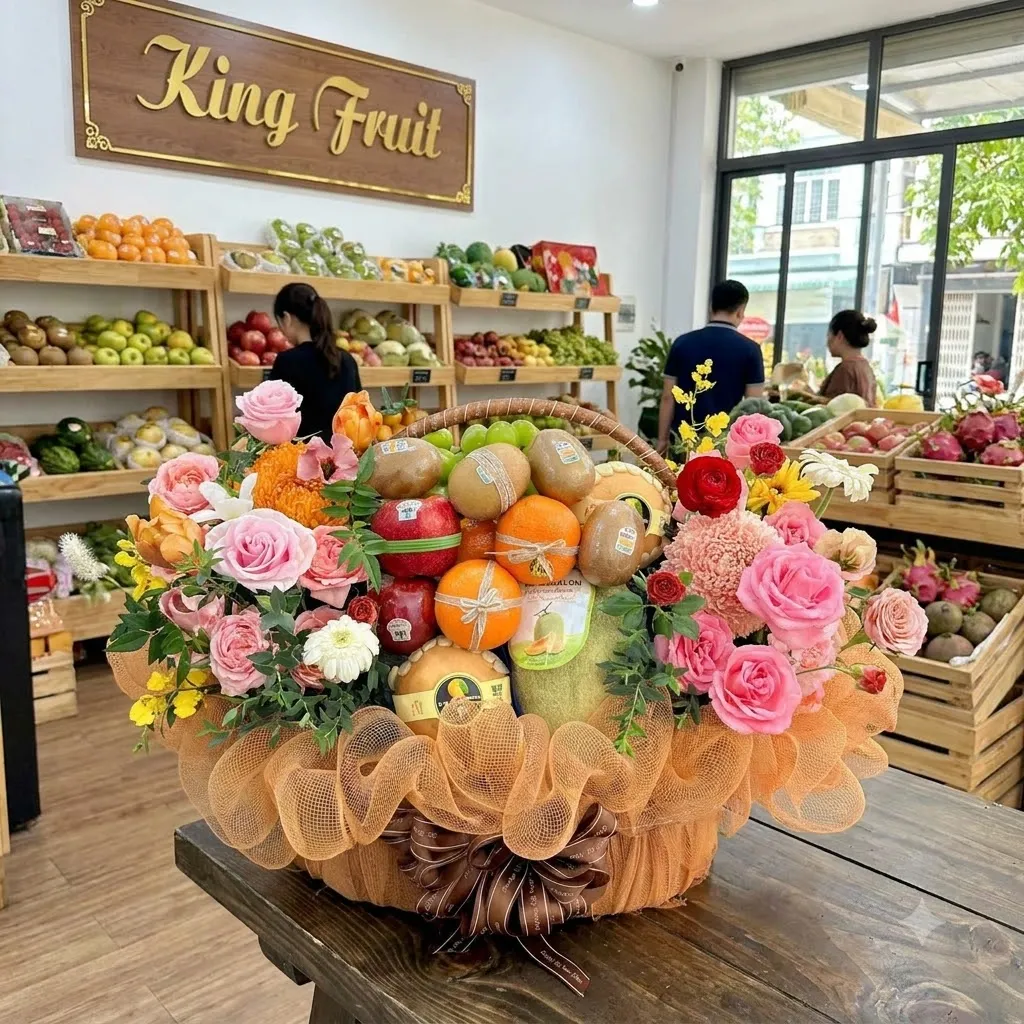 Giỏ hoa quả lớn bọc lưới cam đặt trên bàn gỗ trước biển King Fruit và kệ trái cây — King Fruit Đồng Hới - Quảng Bình