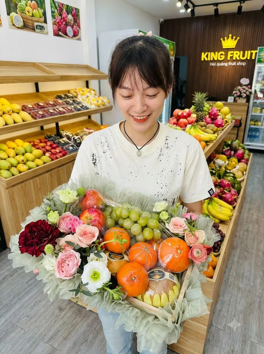 Nhân viên đeo vòng cổ bê giỏ hoa quả có cam, nho xanh trước kệ trái cây King Fruit — King Fruit huyện Chợ Mới, Bắc Kạn