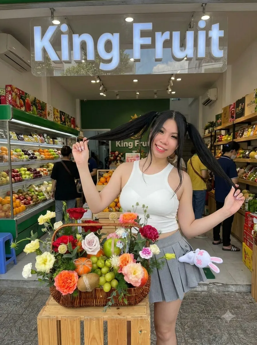 Cô gái tạo dáng cạnh giỏ hoa quả trên bục gỗ dưới biển hiệu King Fruit ngoài cửa hàng — King Fruit huyện Tân Kỳ, Nghệ An