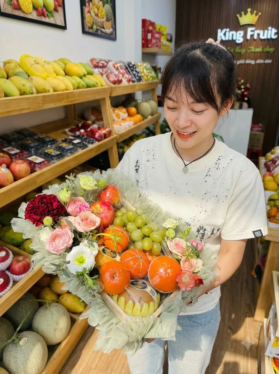 Nhân viên bê giỏ hoa quả hình trái tim có cam, nho xanh trước kệ trái cây King Fruit — King Fruit Đồng Xoài, Bình Phước