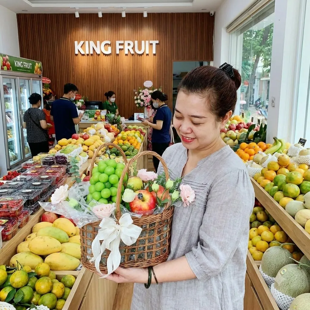 Khách hàng cầm giỏ hoa quả nhỏ có lựu, hoa hồng giữa kệ trái cây cửa hàng King Fruit — King Fruit Đồng Hới - Quảng Bình