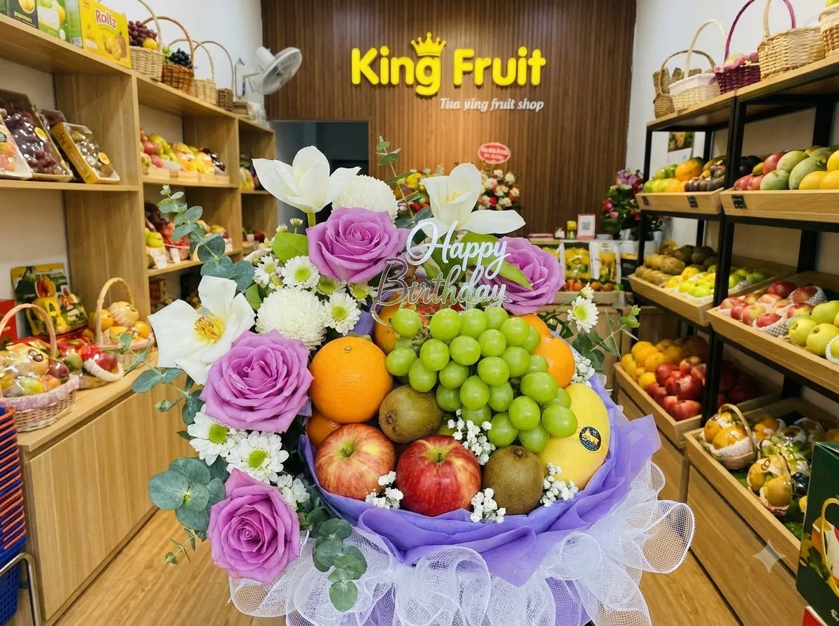 Bó hoa quả gói giấy tím có nho xanh, táo kèm dòng chữ chúc mừng sinh nhật tại King Fruit — King Fruit thành phố Thuận An, Bình Dương