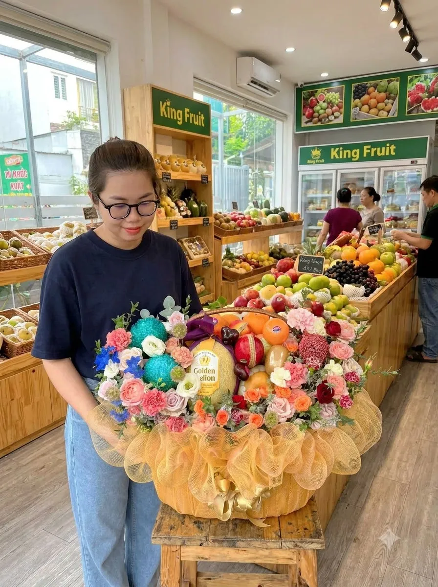 Nhân viên bê giỏ hoa quả hoa nhiều màu có dưa lưới Golden trước kệ King Fruit — King Fruit Đồng Xoài, Bình Phước