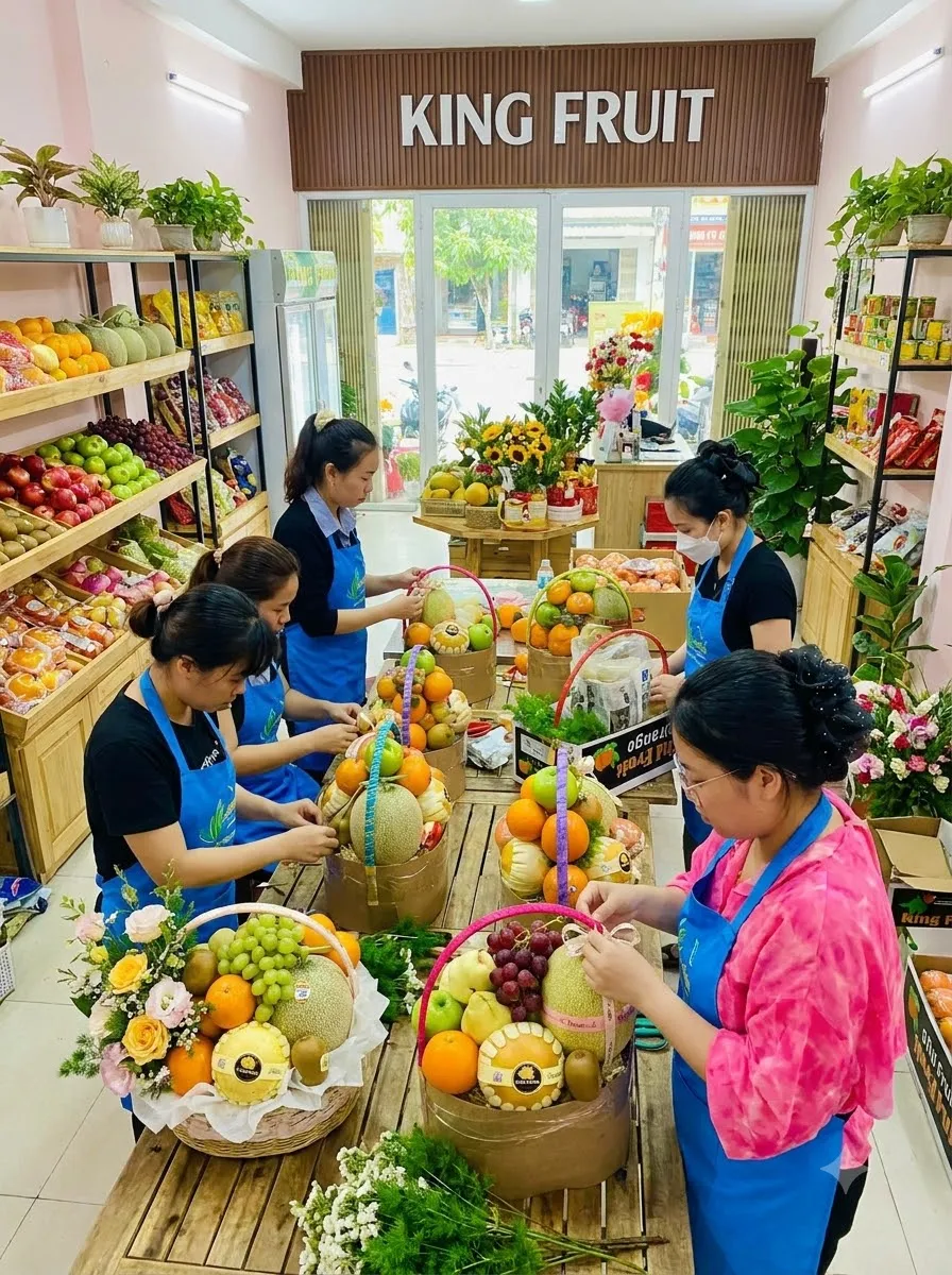 Nhiều nhân viên mặc tạp dề xanh xếp trái cây vào giỏ trên bàn gỗ tại King Fruit — King Fruit Đồng Xoài, Bình Phước