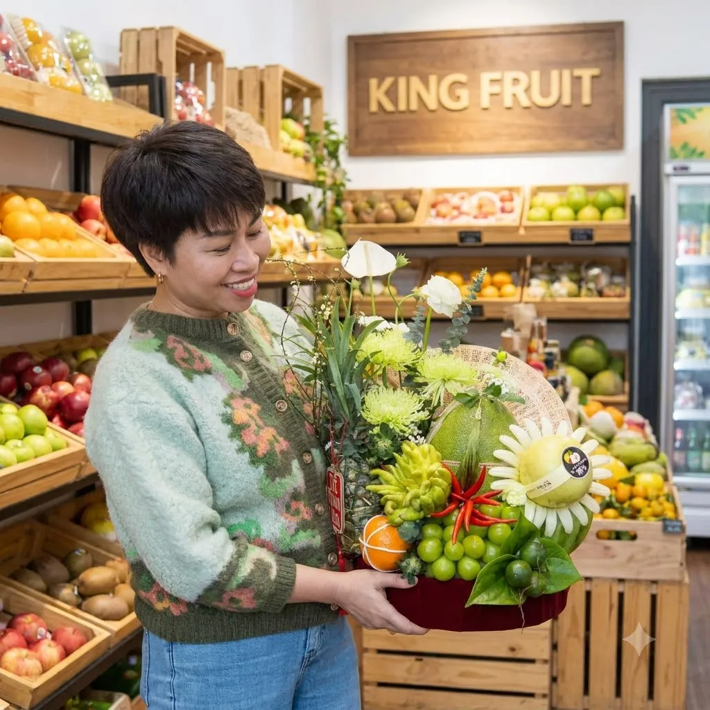 Nhân viên áo len cầm giỏ hoa quả có dưa lưới, hoa trắng trước kệ trái cây King Fruit — King Fruit huyện Lộc Bình, Lạng Sơn