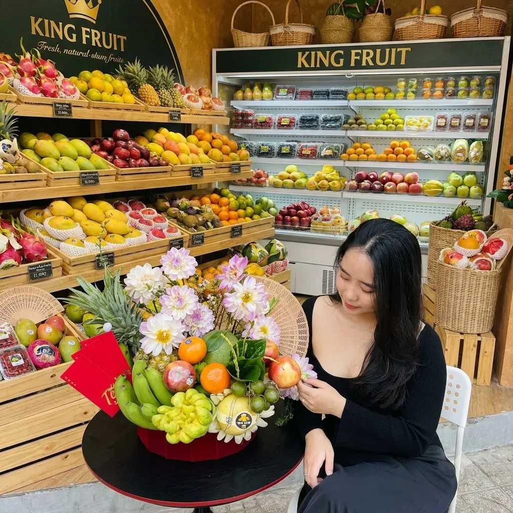 Khách hàng ngồi cạnh giỏ hoa quả có chuối, nho xanh trước kệ trái cây King Fruit — King Fruit thành phố Thuận An, Bình Dương
