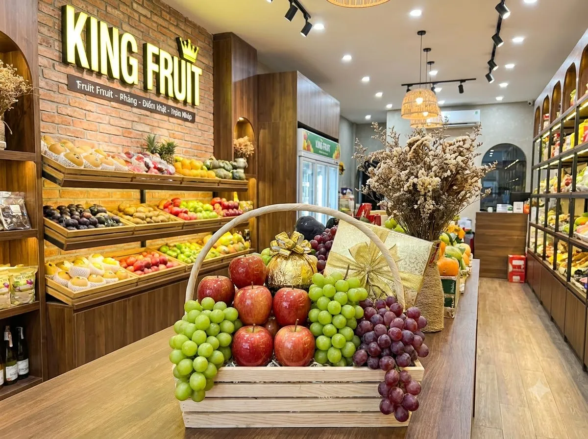 Giỏ trái cây gỗ đựng táo, nho tím và quà tặng đặt trên bàn trong cửa hàng King Fruit — King Fruit huyện Châu Thành, Tây Ninh