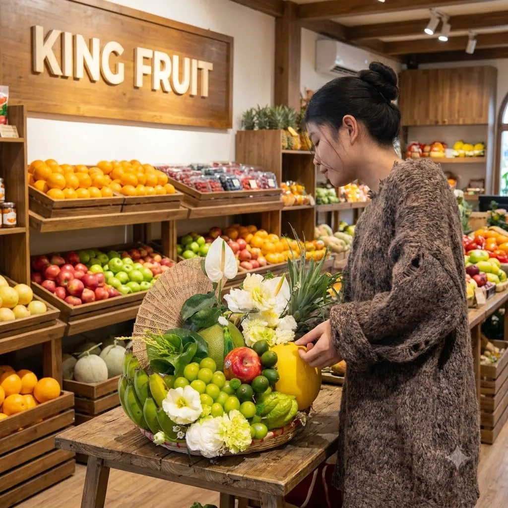 Nhân viên cắm hoa vào giỏ trái cây có chanh, dưa lưới trên bàn cửa hàng King Fruit — King Fruit huyện Bá Thước, Thanh Hoá