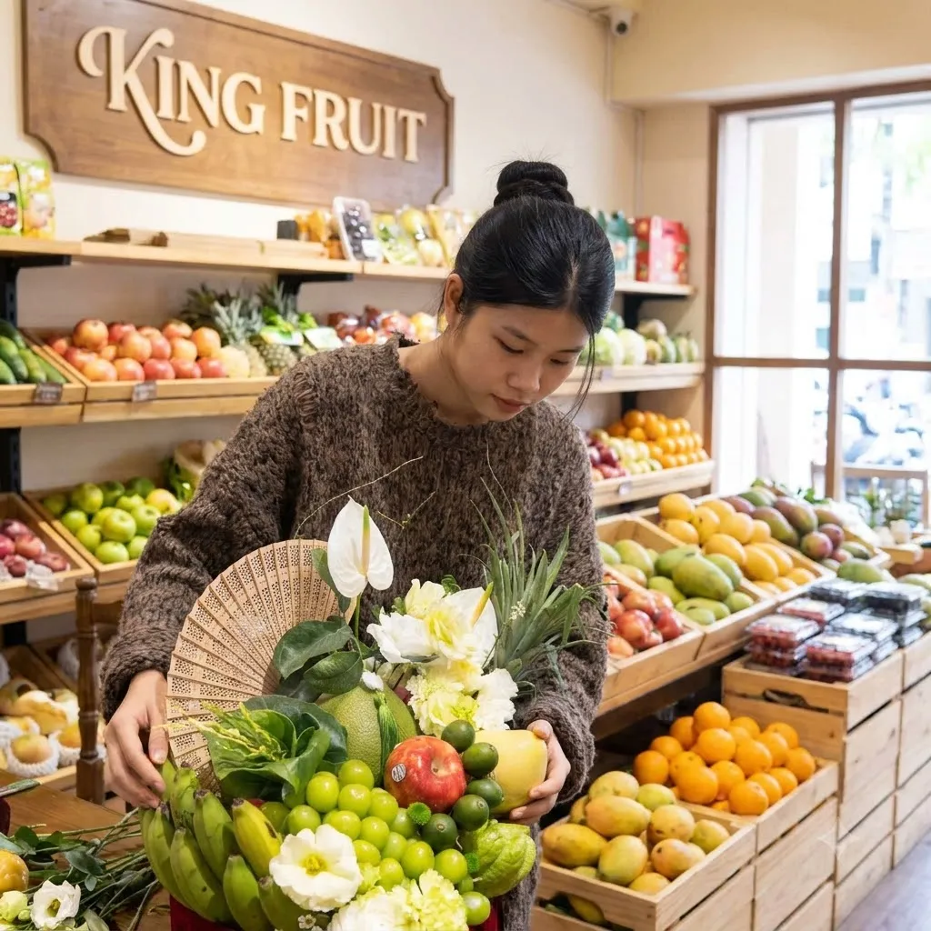 Nhân viên bê giỏ hoa quả hình quạt có chuối, bưởi, hoa trắng tại King Fruit — King Fruit huyện Như Thanh, Thanh Hoá