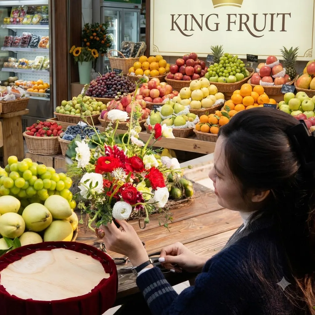 Nhân viên cắm hoa vào giỏ trái cây nhỏ trước kệ trái cây cửa hàng King Fruit — King Fruit thị xã Ba Đồn, Quảng Bình