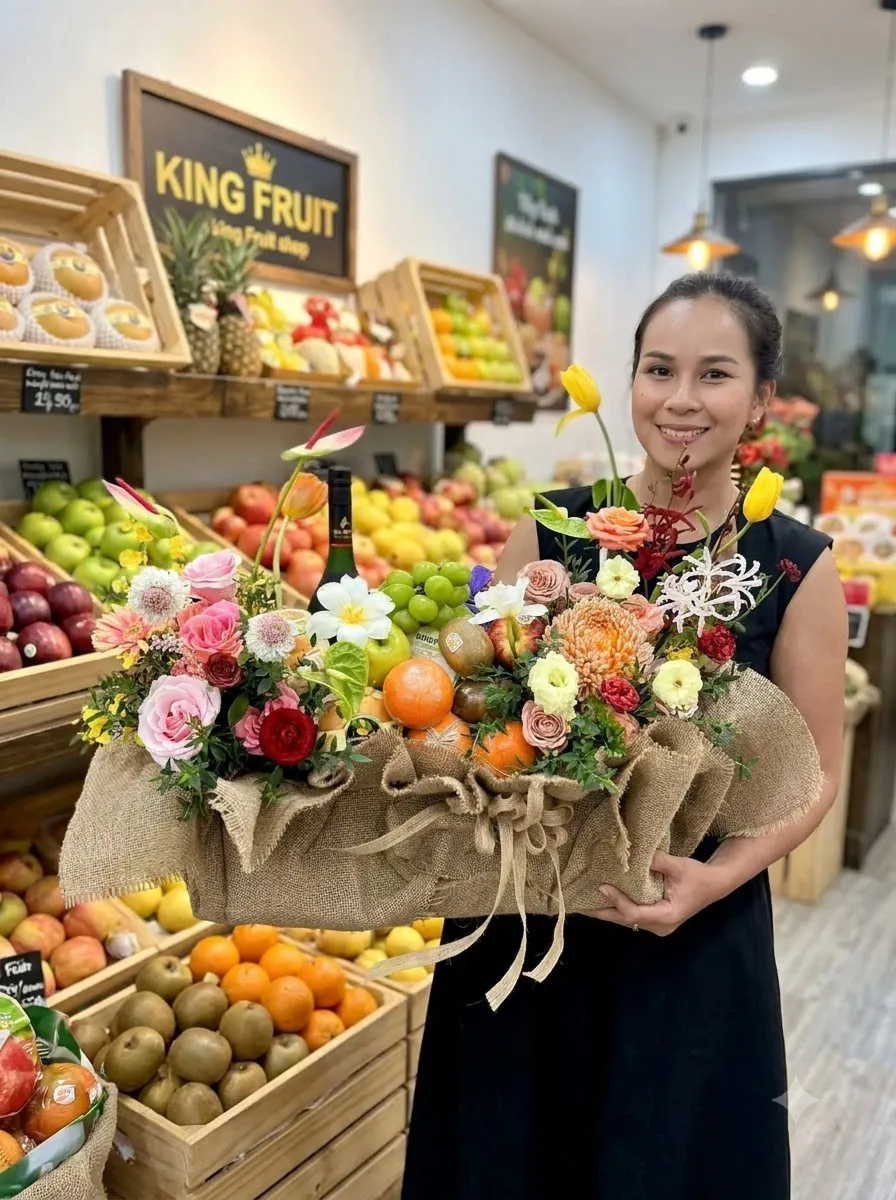 Nhân viên bê giỏ hoa quả bọc vải bố có hoa hồng, cam trước kệ trái cây King Fruit — King Fruit quận Tân Bình HCM
