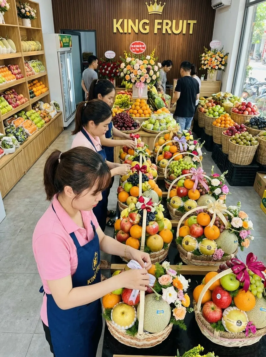 Nhiều nhân viên xếp các giỏ hoa quả trên bàn trong cửa hàng King Fruit — King Fruit thị xã Mường Lay, Điện Biên