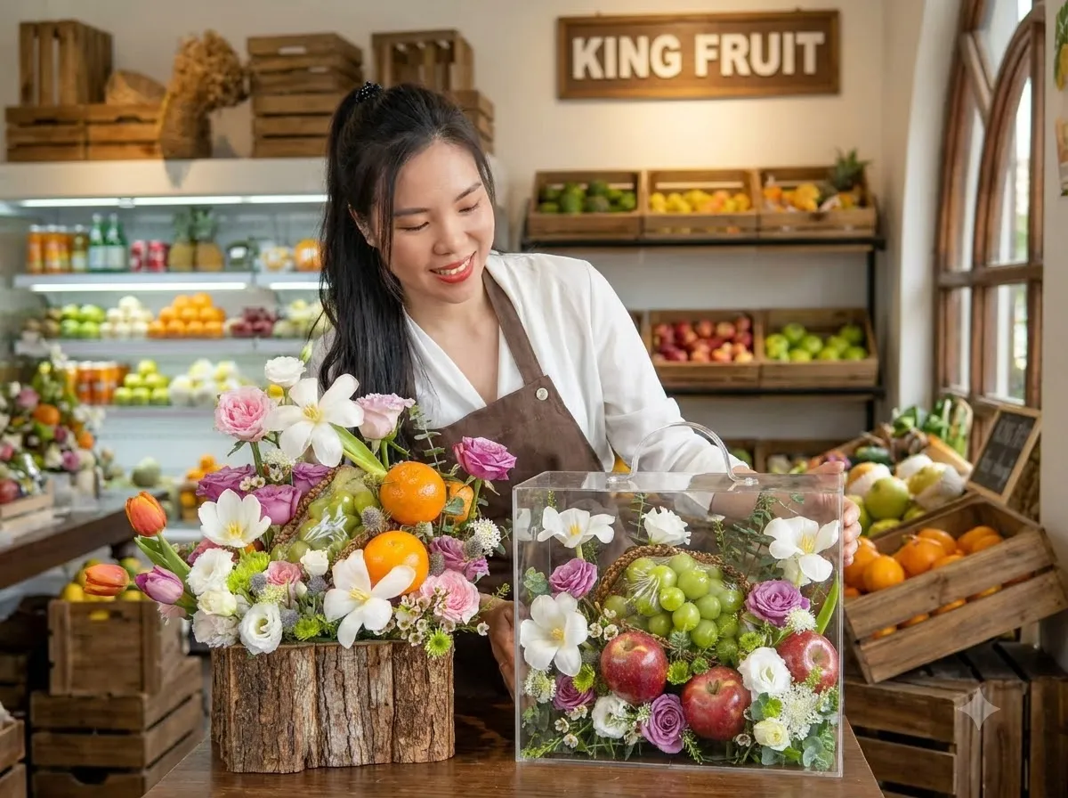 Nhân viên xếp giỏ hoa quả có cam, hoa trắng và hộp quà trong suốt tại King Fruit — King Fruit huyện Tân Kỳ, Nghệ An