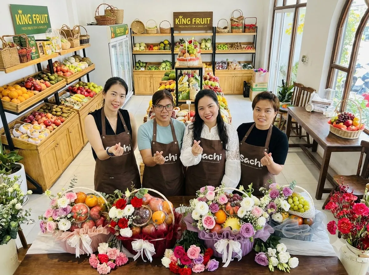 Bốn nhân viên mặc tạp dề đứng trước quầy, bàn bày nhiều giỏ hoa quả trong cửa hàng King Fruit. — King Fruit Tân Phú Đông, Tiền Giang