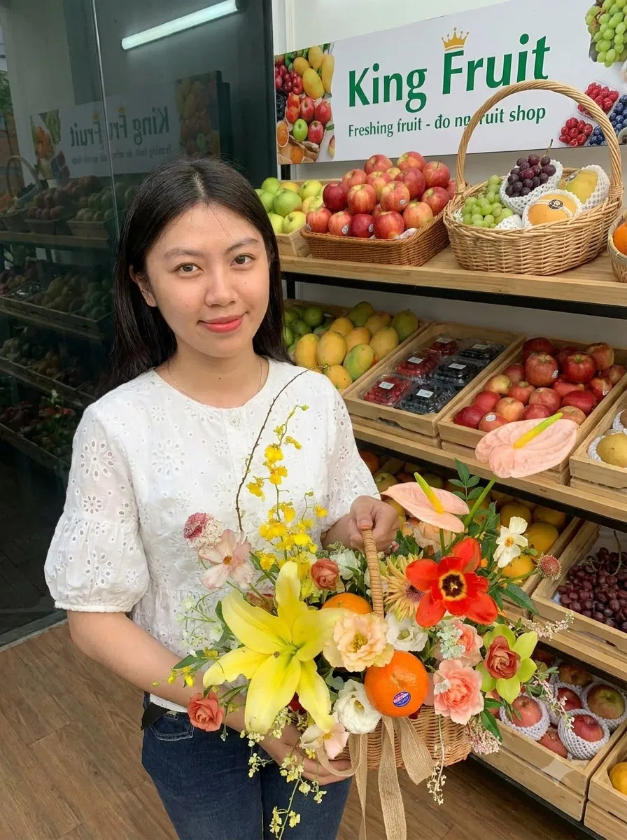 Cô gái áo trắng cầm giỏ hoa quả kết hoa trước biển hiệu King Fruit trong cửa hàng. — King Fruit Hà Đông Hà Nội