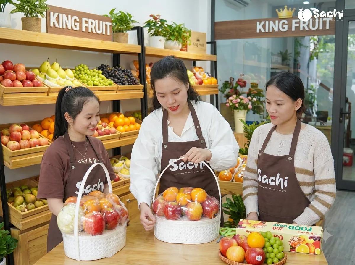 Ba nhân viên mặc tạp dề xếp táo vào giỏ trên quầy, phía sau là kệ trái cây King Fruit. — King Fruit huyện Mường Ảng, Điện Biên