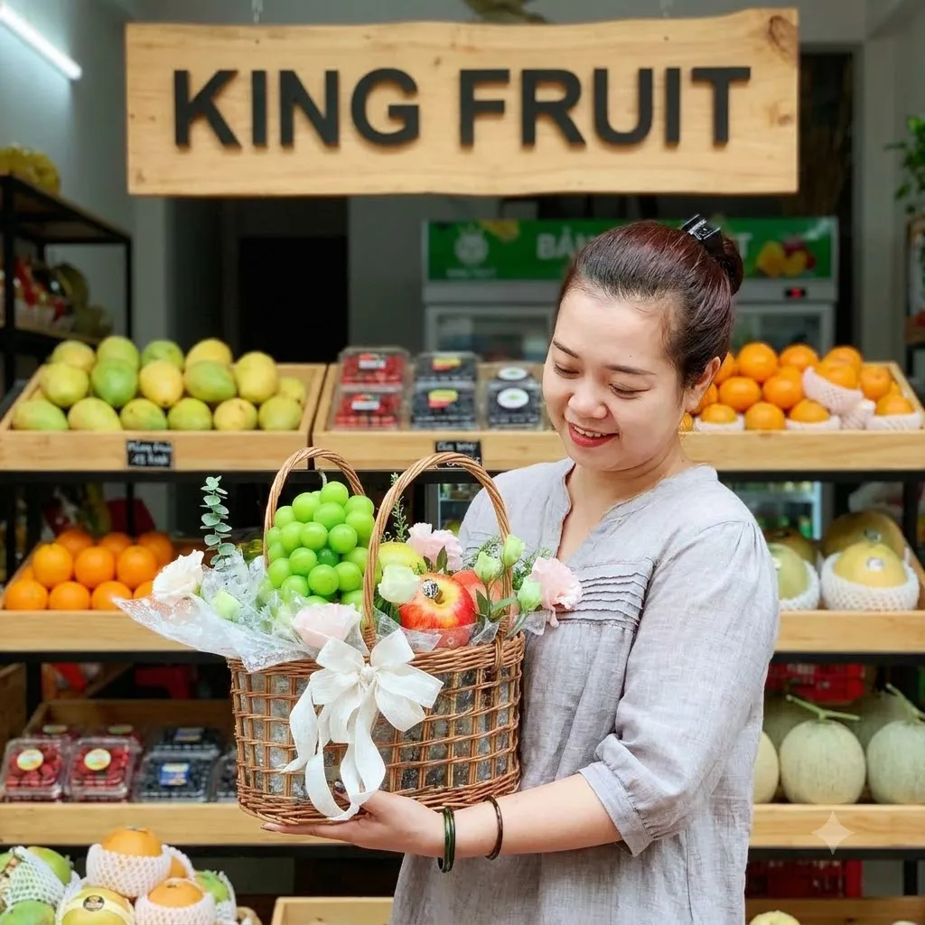 Nhân viên nữ cười tươi cầm giỏ hoa quả nho xanh dưới biển hiệu King Fruit. — King Fruit Vĩnh Thạnh, Bình Định