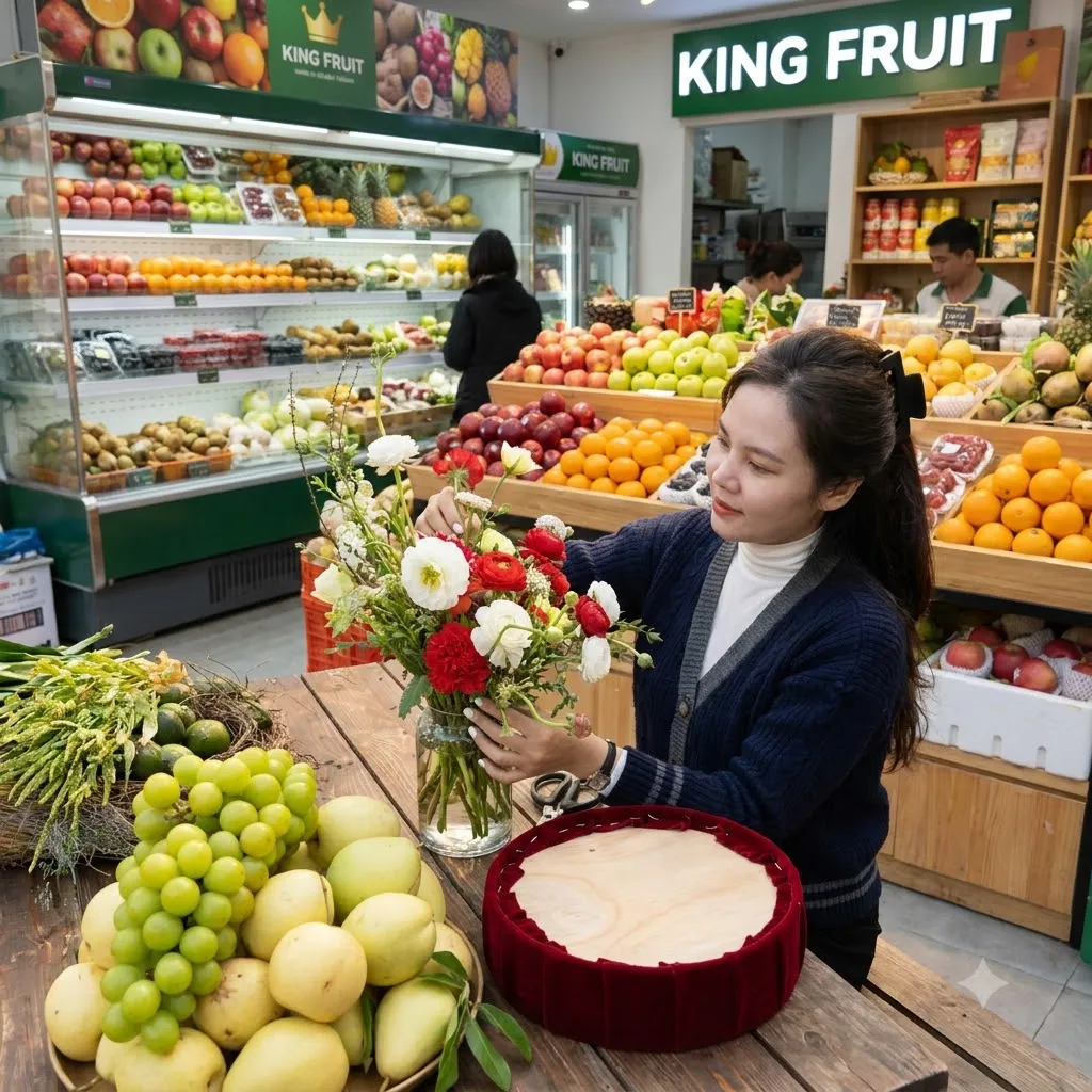 Nhân viên nữ cắm hoa vào bình cạnh giỏ nho xanh và bánh kem trong cửa hàng King Fruit. — King Fruit huyện Đại Từ, Thái Nguyên