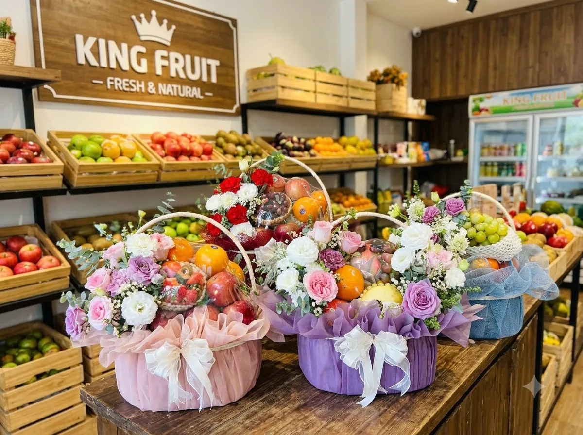 Ba giỏ hoa quả kết hoa nhiều màu đặt trên bàn gỗ trong cửa hàng King Fruit. — King Fruit huyện Minh Hóa, Quảng Bình