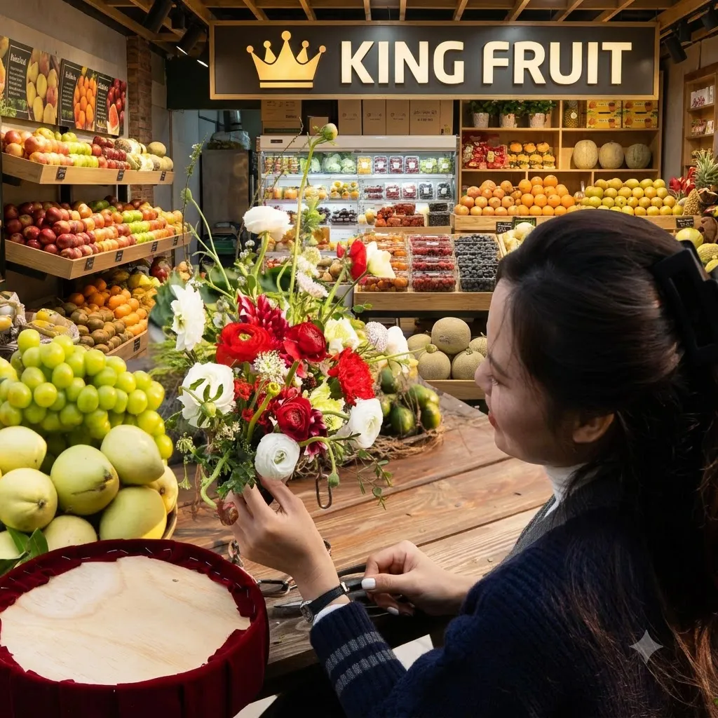 Nhân viên nữ cầm giỏ hoa quả kết hoa đỏ trước kệ trái cây dưới biển hiệu King Fruit. — King Fruit huyện Hải Hà, Quảng Ninh