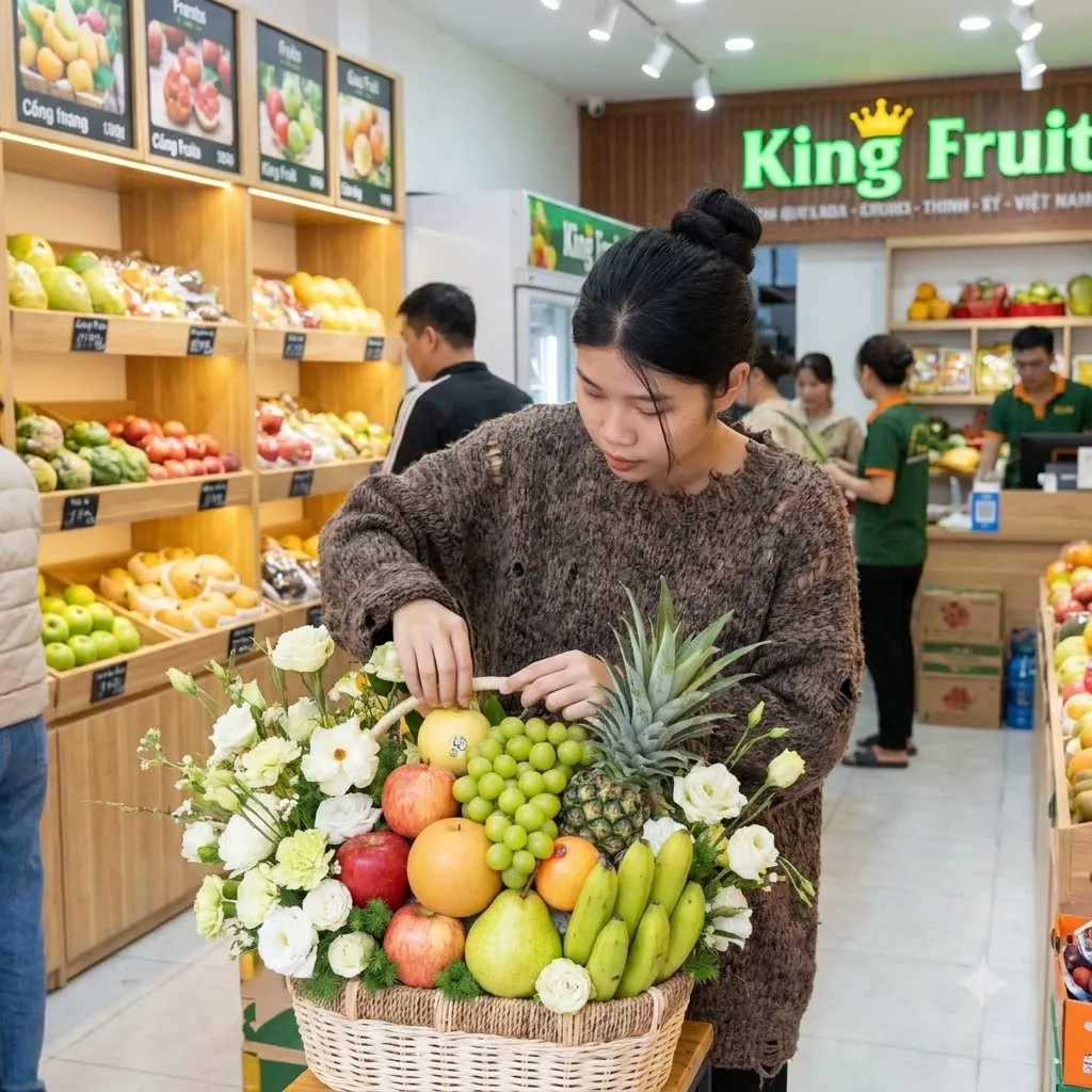 Nhân viên nữ xếp dứa và nho vào giỏ hoa quả, phía sau có khách trong cửa hàng King Fruit. — King Fruit huyện Châu Thành, Tây Ninh