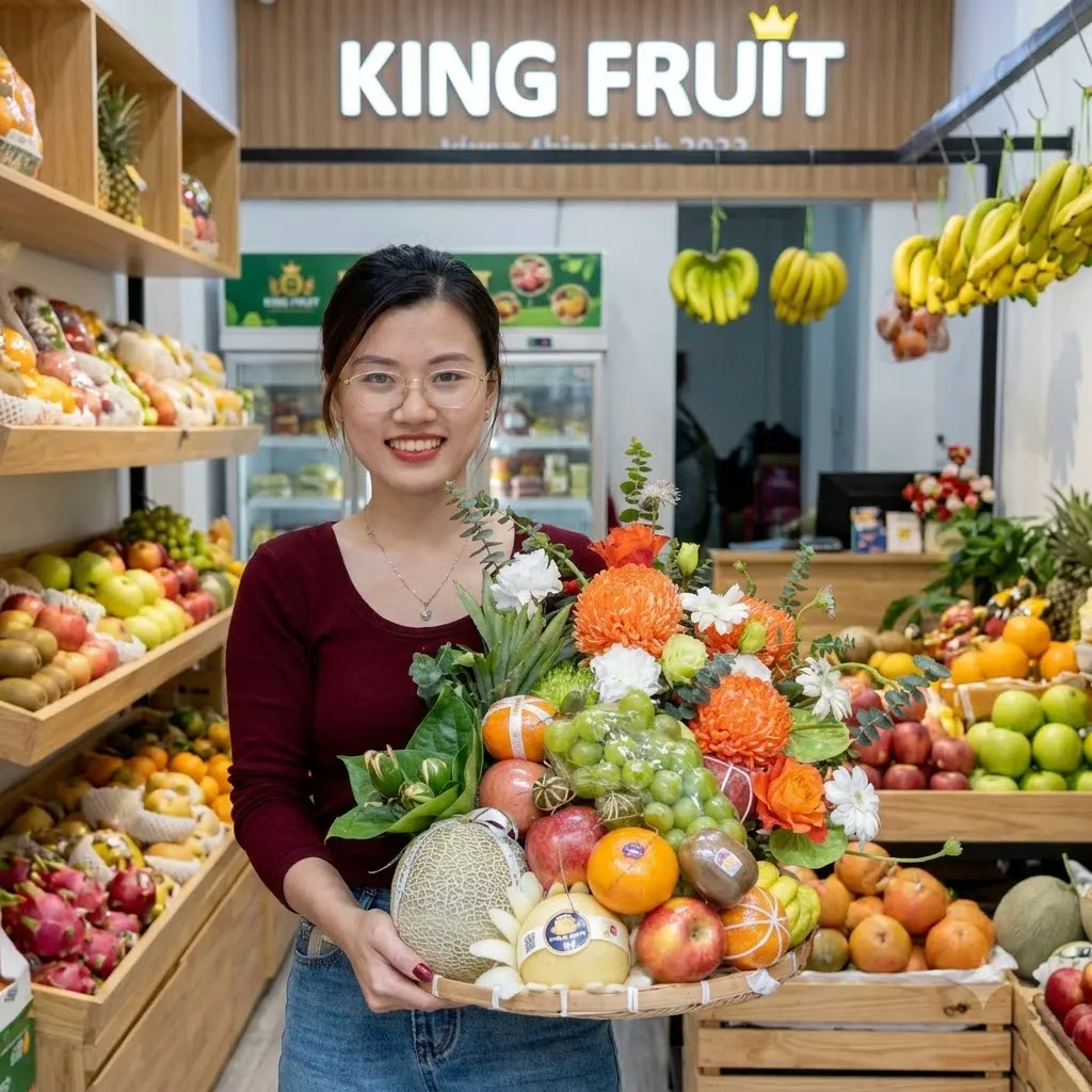 Nhân viên nữ đeo kính cầm giỏ hoa quả có dưa lưới trước chuối treo dưới biển hiệu King Fruit. — King Fruit huyện Tân Kỳ, Nghệ An