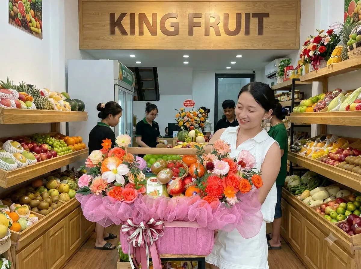 Khách nữ mặc váy trắng cầm giỏ hoa quả kết hoa hồng trong cửa hàng King Fruit. — King Fruit Tiên Kỳ, Tiên Phước, Quảng Nam