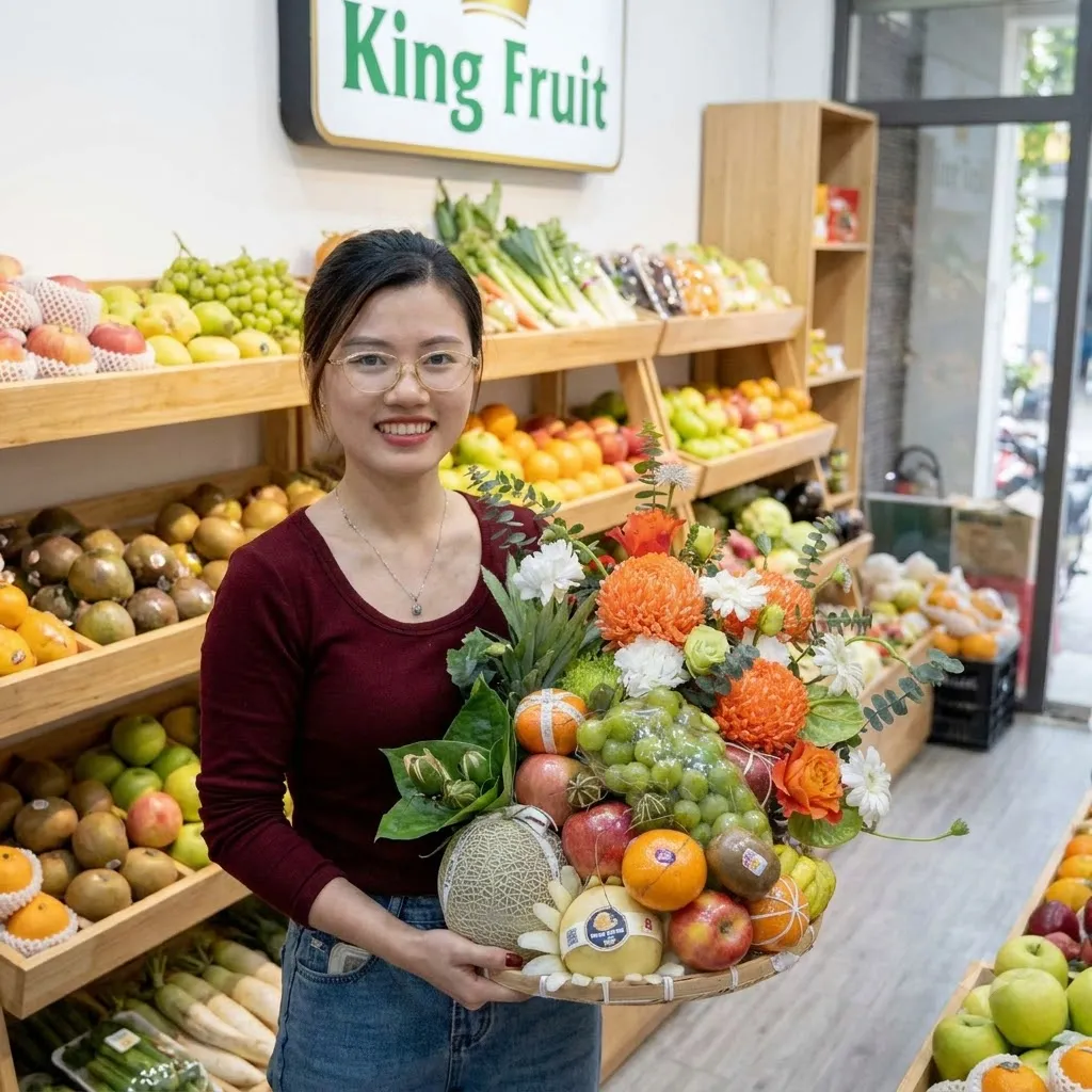 Nhân viên nữ đeo kính cầm giỏ hoa quả có dưa lưới và hoa cúc dưới biển hiệu King Fruit. — King Fruit huyện Vĩnh Tường, Vĩnh Phúc