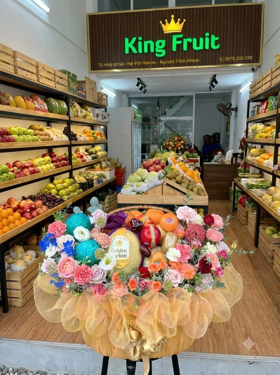 Giỏ hoa quả lớn bọc lưới vàng đặt trên giá đỡ giữa cửa hàng trái cây King Fruit. — King Fruit huyện Hà Trung, Thanh Hoá