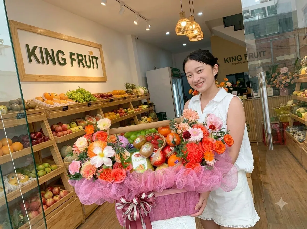 Cô gái mặc váy trắng cầm giỏ hoa quả bọc voan hồng trước biển hiệu King Fruit. — King Fruit huyện Tuy Phong, Bình Thuận
