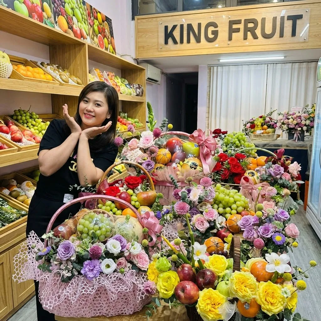 Nhân viên nữ đứng cạnh nhiều giỏ hoa quả kết hoa đủ màu bày trên sàn cửa hàng King Fruit. — King Fruit Hà Đông Hà Nội