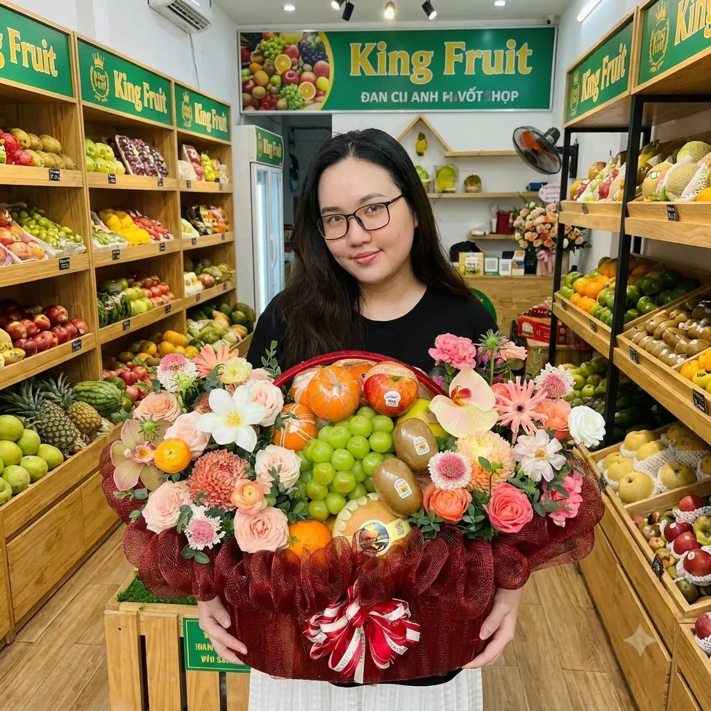 Nhân viên nữ đeo kính cầm giỏ hoa quả có nho xanh và kiwi dưới biển hiệu King Fruit. — King Fruit Chư Prông, Gia Lai