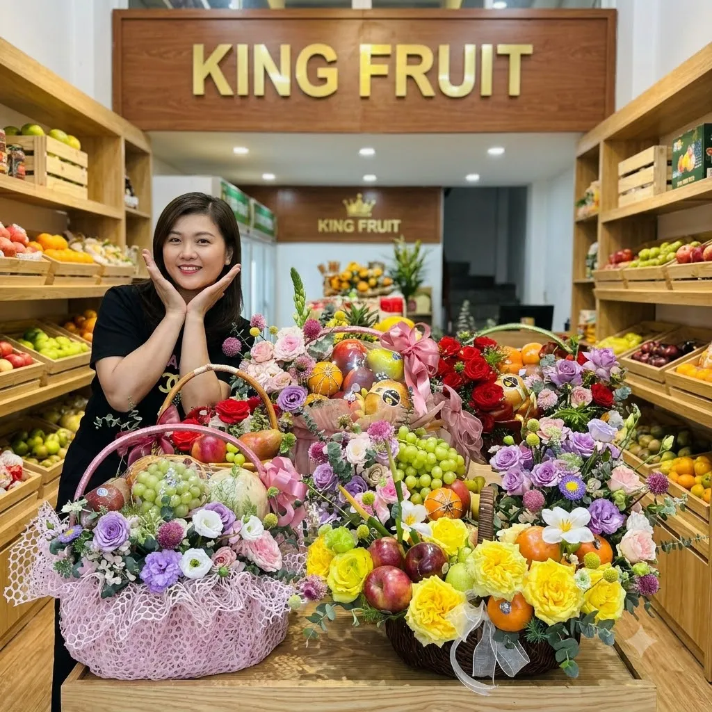 Nhân viên nữ đứng cạnh hai giỏ hoa quả lớn kết hoa hồng và vàng trong cửa hàng King Fruit. — King Fruit K’Bang, Gia Lai