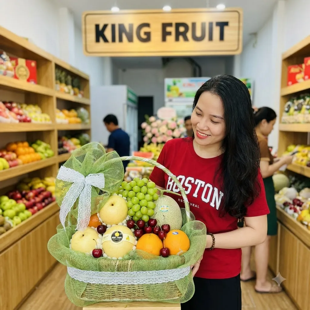 Khách nữ áo đỏ cầm giỏ hoa quả bọc lưới trắng có nho và dưa lưới trong cửa hàng King Fruit. — King Fruit huyện Châu Thành, Tây Ninh